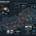 Map of Kentucky Underground Bases and Anomalies 2026, featuring temporal mine doors, glass hybrid cages, and Mammoth Cave deep-strata voids.