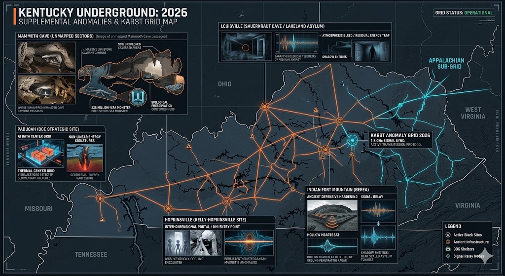 Map of Kentucky Underground Bases and Anomalies 2026, featuring temporal mine doors, glass hybrid cages, and Mammoth Cave deep-strata voids.