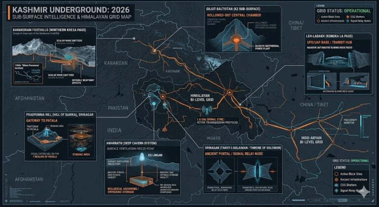 Map of Kashmir Underground Bases 2026, featuring the Khesa Pass invisible defense zone, K2 hollow core, and Kongka La UAP hangars.