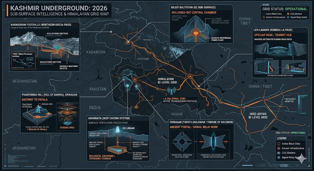 Map of Kashmir Underground Bases 2026, featuring the Khesa Pass invisible defense zone, K2 hollow core, and Kongka La UAP hangars.