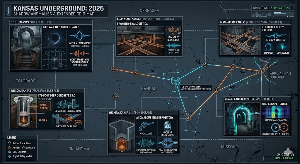 Map of Kansas Shadow Anomalies 2026, featuring the Stull Cemetery wormhole, Wilson space-habitat silo, and Dalton Gang temporal loops.