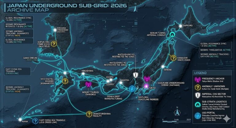 Cross-section of Tokyo Shadow Grid underground tunnels and 1.6 GHz frequency resonator nodes 2026.