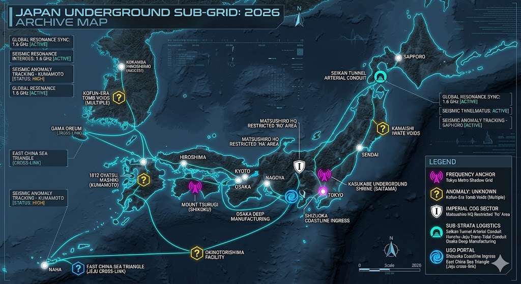 Cross-section of Tokyo Shadow Grid underground tunnels and 1.6 GHz frequency resonator nodes 2026.