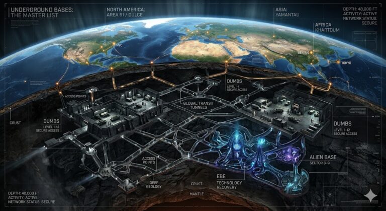 Comprehensive cross-section map of global Subterranean Bases, DUMBs (Deep Underground Military Bases), and suspected Alien Bases, revealing interconnected tunnel systems across all continents.