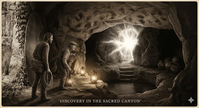 A vintage sepia photograph of two prospectors discovering the hidden Boca Grande Cave in New Mexico’s Black Range, featuring handprints on the roof and a blinding flash of light.