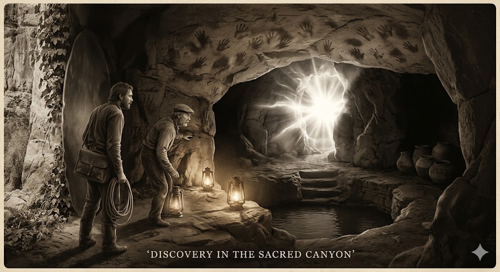 A vintage sepia photograph of two prospectors discovering the hidden Boca Grande Cave in New Mexico’s Black Range, featuring handprints on the roof and a blinding flash of light.