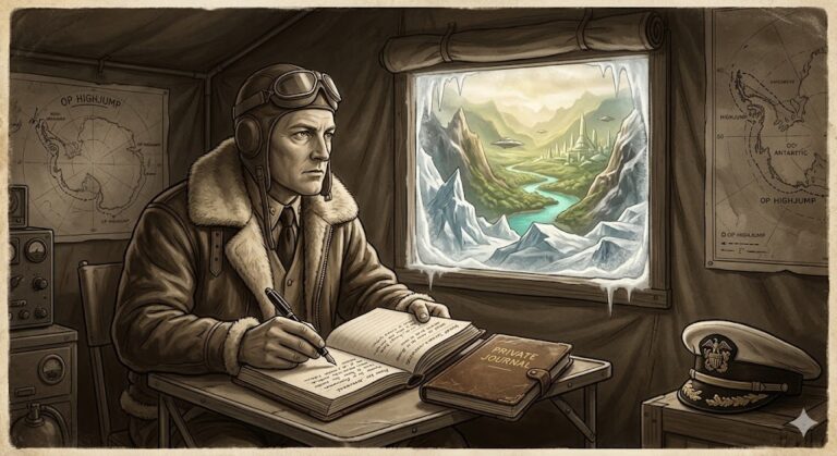 A vintage 1940s illustration showing Admiral Byrd in his cockpit being captured by 'Flugelrad' discs as he flies into the Inner Earth through an Antarctic portal.