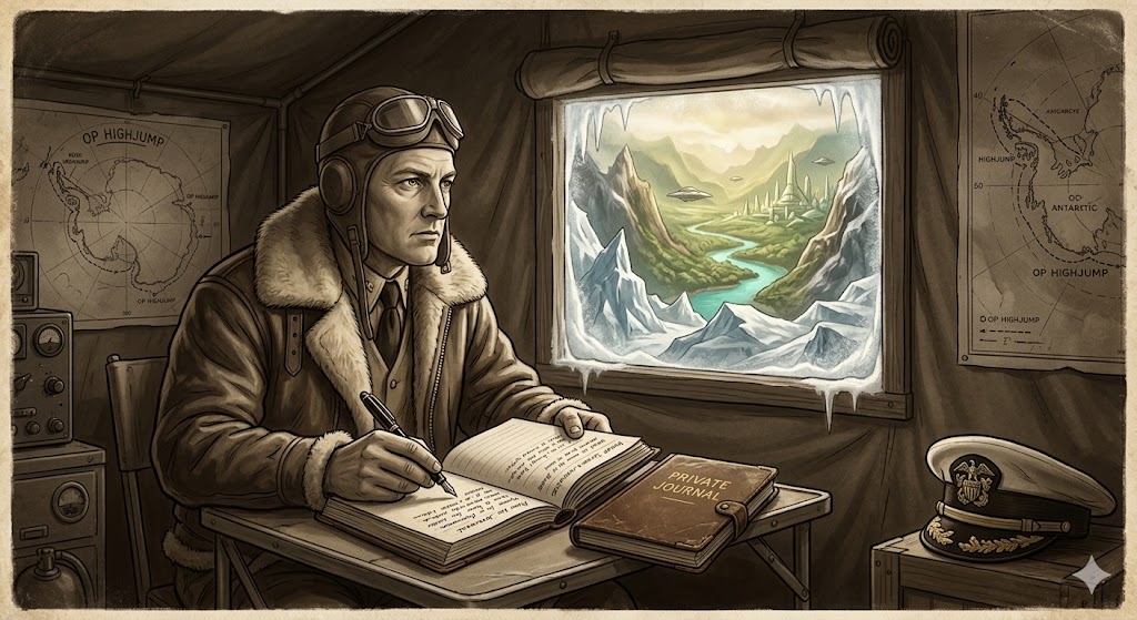 A vintage 1940s illustration showing Admiral Byrd in his cockpit being captured by 'Flugelrad' discs as he flies into the Inner Earth through an Antarctic portal.