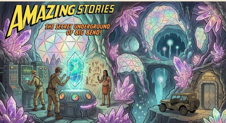 A retro-pulp illustration in the style of Amazing Stories showing a secret 1940s atomic laboratory hidden in glowing crystal caverns deep beneath Big Bend, Texas, linked to the Marfa Lights mystery.