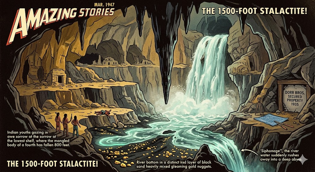 A cross-section pulp illustration of a colossal underground cavern beneath the Ivanpah Mountains, showing a 1500-foot waterfall and a massive stalactite, as described in 'Amazing Stories' in 1947.
