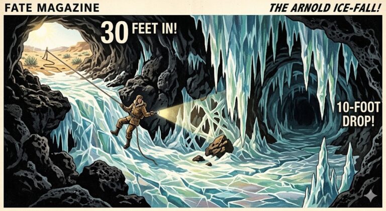 A 1950s-style pulp illustration of the interior of Arnold Ice Cave, Oregon, showing an explorer rappelling down a 10-foot vertical ice-fall into a deep cavern.