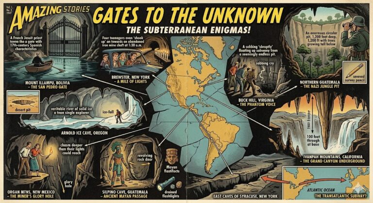 A retro pulp-style collage titled "Gates To The Unknown," featuring the Mount Illampu iron gate, Brewster mine lights, Silpino Cave Mayan passage, and the Syracuse transatlantic tunnel.