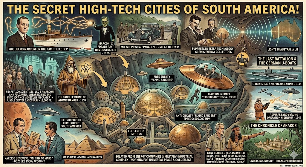 A detailed retro pulp-style collage map of "The Secret High-Tech Cities of South America," visualizing the legends of Marconi’s Andes base, Tesla’s cosmic energy technology, Fulcanelli’s alchemist warnings, the Nazi U-Boat exodus, and Operation Highjump.