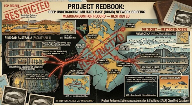 A top-secret military briefing map titled "PROJECT REDBOOK: DEEP UNDERGROUND MILITARY BASE (DUMB) NETWORK BRIEFING." The image shows global data ley lines connecting Pine Gap Australia (AU-1) to Antarctica (ANT-1), with callouts for Dulce NM, Groom Lake, and the Syracuse Fissures.