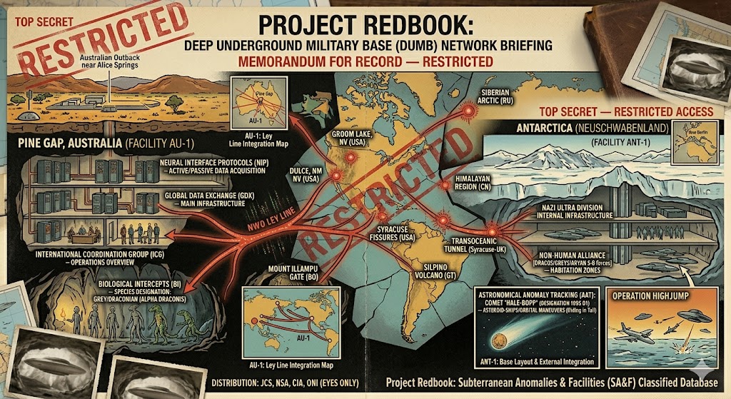 A top-secret military briefing map titled "PROJECT REDBOOK: DEEP UNDERGROUND MILITARY BASE (DUMB) NETWORK BRIEFING." The image shows global data ley lines connecting Pine Gap Australia (AU-1) to Antarctica (ANT-1), with callouts for Dulce NM, Groom Lake, and the Syracuse Fissures.