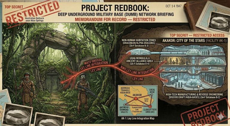 A "Restricted" Project Redbook briefing document showing the entrance to Akakor in the Mato Grosso jungle. The image features a cross-section of the "City of the Stars" (Facility AK-1) with levels for non-human habitation, Ugha Mongulala alliance areas, and high-tech reverse engineering labs.