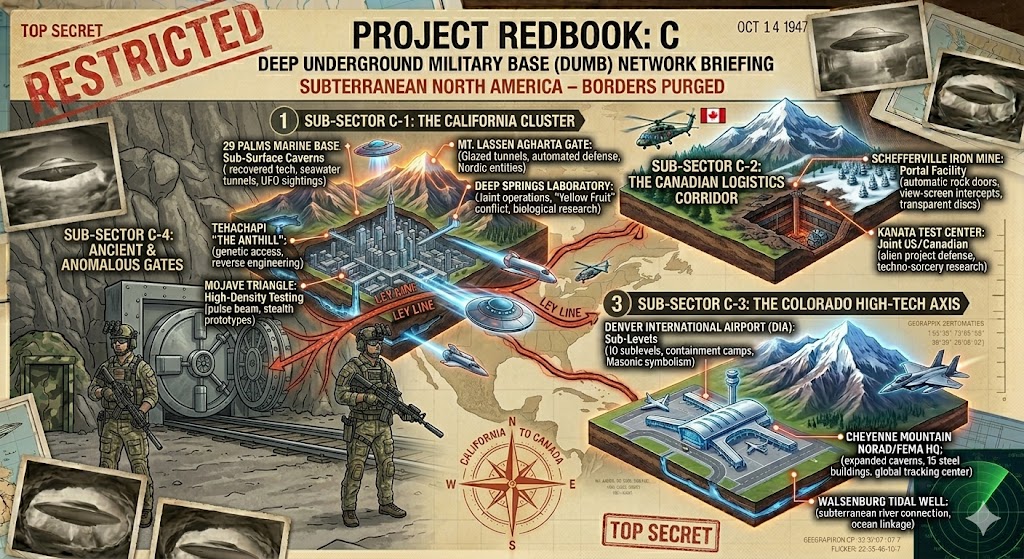A Project Redbook: C restricted briefing document showing a map of subterranean North America. It features the California Cluster (Tehachapi, 29 Palms), the Canadian Logistics Corridor (Kanata, Schefferville), and the Colorado High-Tech Axis (Denver International Airport, Cheyenne Mountain).