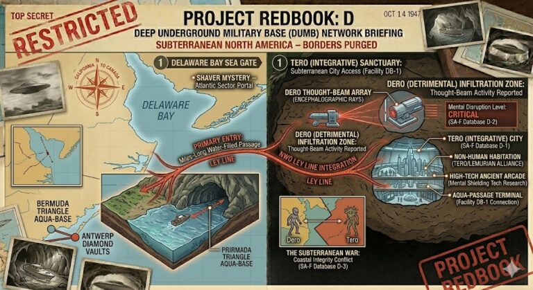 A Project Redbook: D restricted briefing map of the Delaware Bay. Features include the miles-long subterranean water-passage, the Tero (Integrative) Sanctuary Facility DB-1, and the Dero (Detrimental) Thought-Beam Array used for mental disruption.
