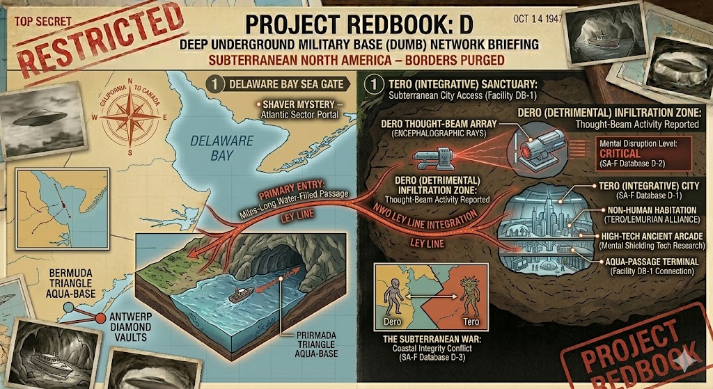 A Project Redbook: D restricted briefing map of the Delaware Bay. Features include the miles-long subterranean water-passage, the Tero (Integrative) Sanctuary Facility DB-1, and the Dero (Detrimental) Thought-Beam Array used for mental disruption.