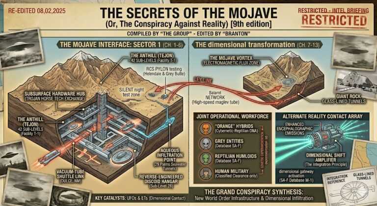 A high-detail intelligence briefing titled "The Secrets of the Mojave (9th edition)" edited by Branton. The image features isometric cutaways of the Tehachapi Anthill (42 sub-levels), the 29 Palms aqueous infiltration point, and the Joint Operational Workforce including 'Orange' hybrids and Greys.