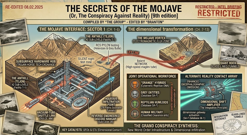 A high-detail intelligence briefing titled "The Secrets of the Mojave (9th edition)" edited by Branton. The image features isometric cutaways of the Tehachapi Anthill (42 sub-levels), the 29 Palms aqueous infiltration point, and the Joint Operational Workforce including 'Orange' hybrids and Greys.