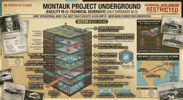 A technical schematic of the 8-leveled Montauk Project underground facility (Facility M-1). The diagram details psychological ops, the Montauk Chair, wormhole gateways, Nazi Thule Society levels, and the vacuum-tube shuttle link to Dulce and the Mojave.