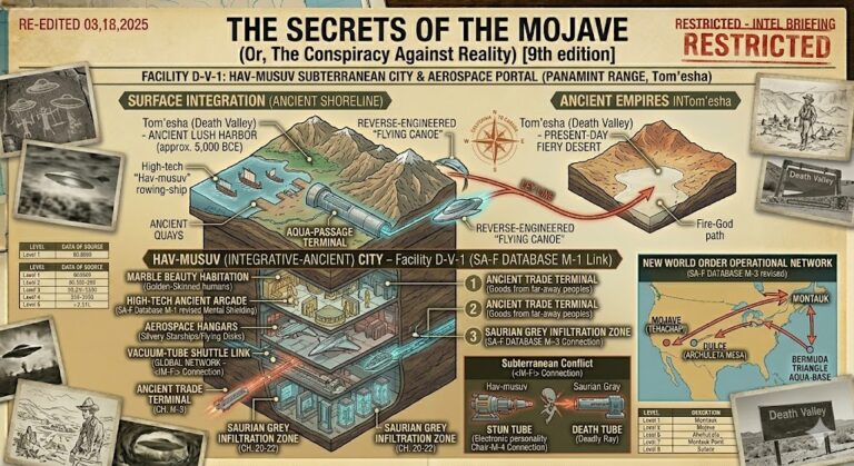 A technical briefing map for "The Secrets of the Mojave" (9th Edition) detailing the Hav-musuv subterranean city (Facility D-V-1) in the Panamint Range. Includes cross-sections of the 5,000 BCE lush harbor, ancient rowing ships, and the 2026 tactical view of the Stun Tube and Death Tube weaponry.
