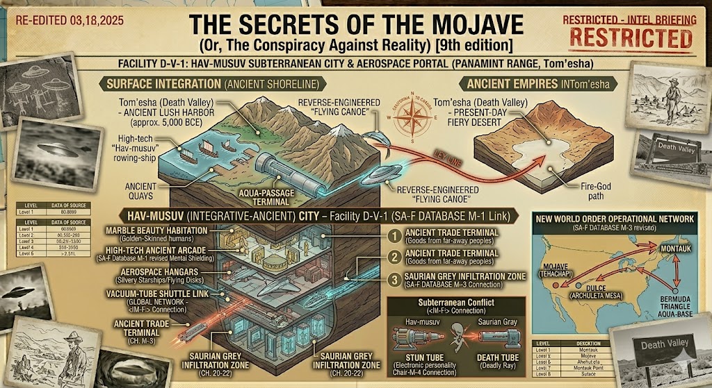 A technical briefing map for "The Secrets of the Mojave" (9th Edition) detailing the Hav-musuv subterranean city (Facility D-V-1) in the Panamint Range. Includes cross-sections of the 5,000 BCE lush harbor, ancient rowing ships, and the 2026 tactical view of the Stun Tube and Death Tube weaponry.