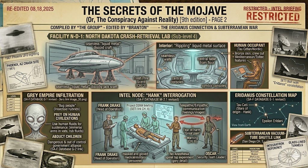 A technical briefing board titled "The Secrets of the Mojave Page 2." It features the 1961 Phoenix crash-recovery of a liquid metal craft, the interrogation of a Tau Cetian named 'Hank' by Frank Drake and 'Oscar,' and a Grey Empire infiltration diagram. Includes star maps of Eridanus and Tau Ceti.