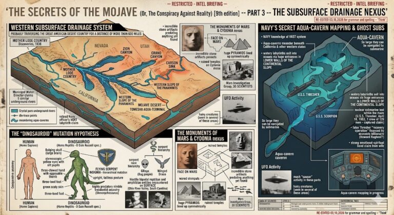 A complex technical briefing board titled "The Secrets of the Mojave Part 3." The image displays a 3D cutaway map of the Western US subsurface drainage system, nuclear submarines (USS Thresher and Scorpion) navigating massive aqua-caverns, a comparative anatomy chart of a human vs. a "Dinosauroid" reptilian, and the monuments of Mars (Cydonia Face and Pyramids).