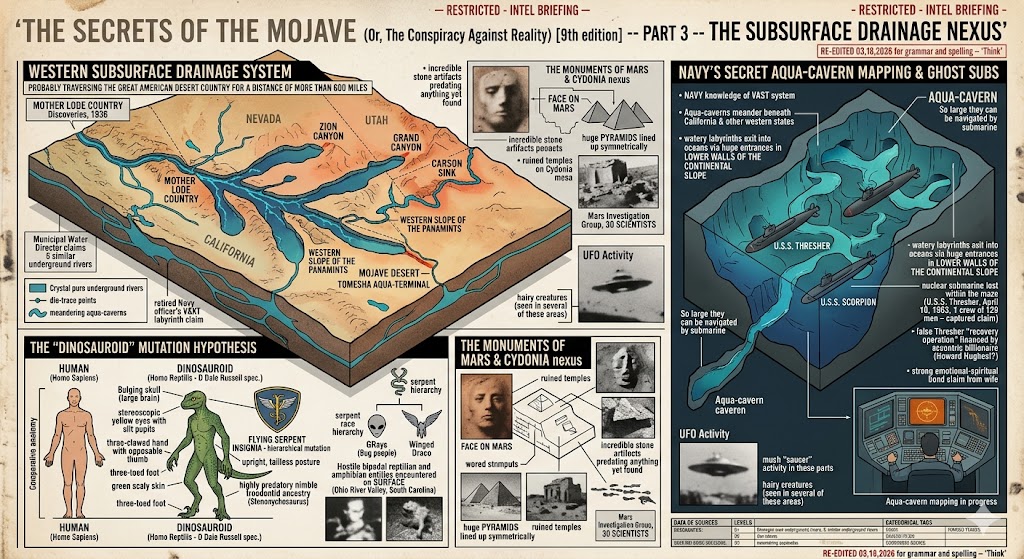A complex technical briefing board titled "The Secrets of the Mojave Part 3." The image displays a 3D cutaway map of the Western US subsurface drainage system, nuclear submarines (USS Thresher and Scorpion) navigating massive aqua-caverns, a comparative anatomy chart of a human vs. a "Dinosauroid" reptilian, and the monuments of Mars (Cydonia Face and Pyramids).