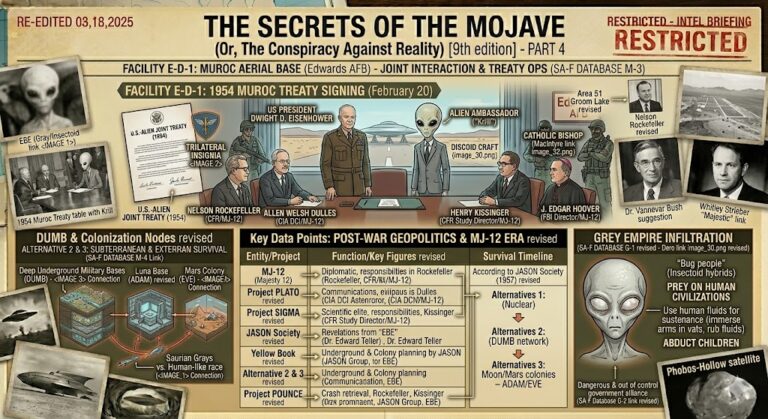 A classified-style briefing board for The Secrets of the Mojave Part 4, showing President Eisenhower, the 1954 Muroc Treaty with the Trilateral Insignia, and diagrams of DUMB (Deep Underground Military Bases).