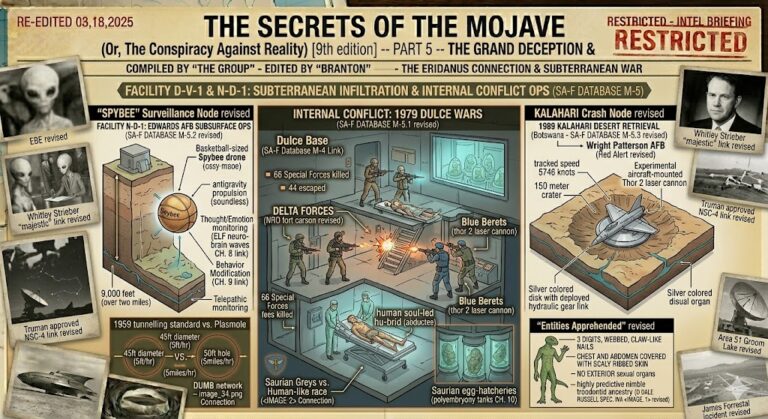 A comprehensive intelligence briefing board for The Secrets of the Mojave Part 4, featuring technical diagrams of the 1979 Dulce Wars conflict, the 9,000-foot Edwards AFB subsurface facility, the basketball-sized Spybee drone, and the 1989 Kalahari Desert UFO crash retrieval.