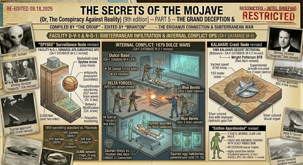A comprehensive intelligence briefing board for The Secrets of the Mojave Part 4, featuring technical diagrams of the 1979 Dulce Wars conflict, the 9,000-foot Edwards AFB subsurface facility, the basketball-sized Spybee drone, and the 1989 Kalahari Desert UFO crash retrieval.