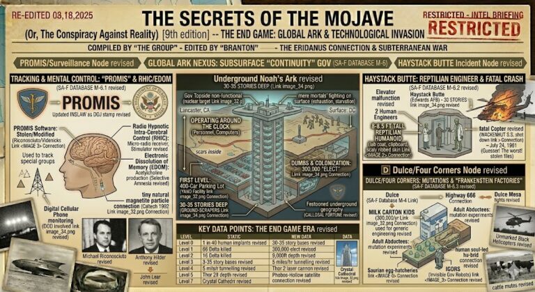 A detailed intelligence briefing board for The Secrets of the Mojave Part 6, titled "The End Game." Featuring diagrams of a 35-story underground "Noah’s Ark," the human brain magnetite connection to RHIC and EDOM mind control, the Haystack Butte reptilian encounter, and the stolen PROMIS software tracking nodes.
