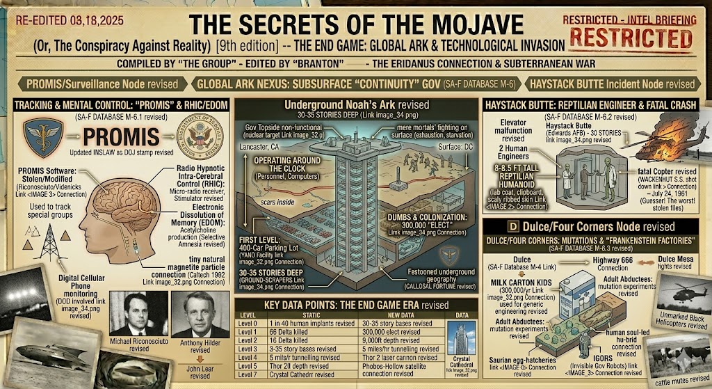 A detailed intelligence briefing board for The Secrets of the Mojave Part 6, titled "The End Game." Featuring diagrams of a 35-story underground "Noah’s Ark," the human brain magnetite connection to RHIC and EDOM mind control, the Haystack Butte reptilian encounter, and the stolen PROMIS software tracking nodes.