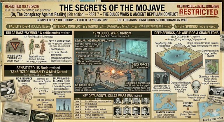 An intelligence briefing board for The Secrets of the Mojave Part 7, titled "The Dulce Wars & Ancient Reptilian Conflict." Features diagrams of the 1979 Dulce Base firefight (Level 7 Nightmare Hall), the "Sensitized Humanity" bio-resonance mind control equation using Sulfa drugs, the Deep Springs Lake "bottomless" underground river, and a Pentagon chameleon infiltrator.