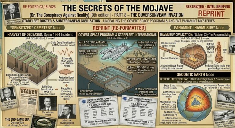 An intelligence briefing board for The Secrets of the Mojave Part 8, titled "Starfleet Roster & Subterranean Civilization." Featuring diagrams of the "Covert Space Program" U.S.S. Concord (NCC-1989) and U.S.S. Excalibur crew rosters, the Panamint "Havmusuv" golden city with an 89ft golden statue, the Geodetic Earth "Hollow" theory showing the "Tartarus" weightless zone between outer and inner crusts, and a "sensitized" cemetery with bottomless shafts where deceased believers were harvested.