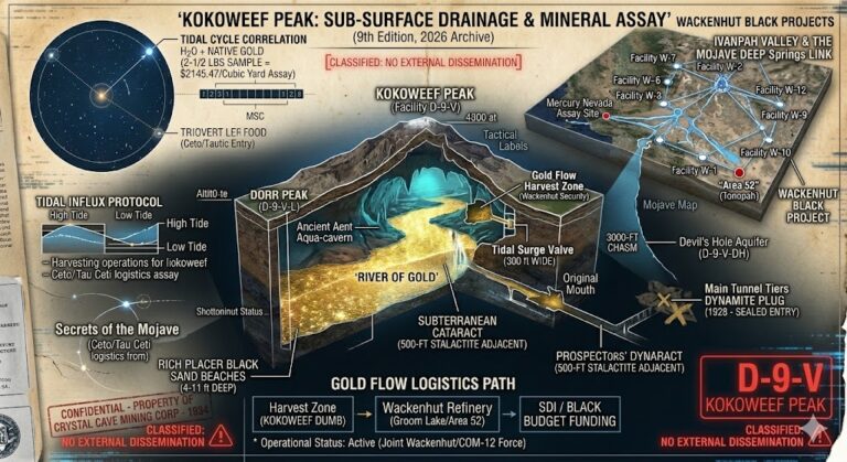Technical blueprint of Kokoweef Peak subterranean river of gold and Wackenhut black project facility D-9-V.