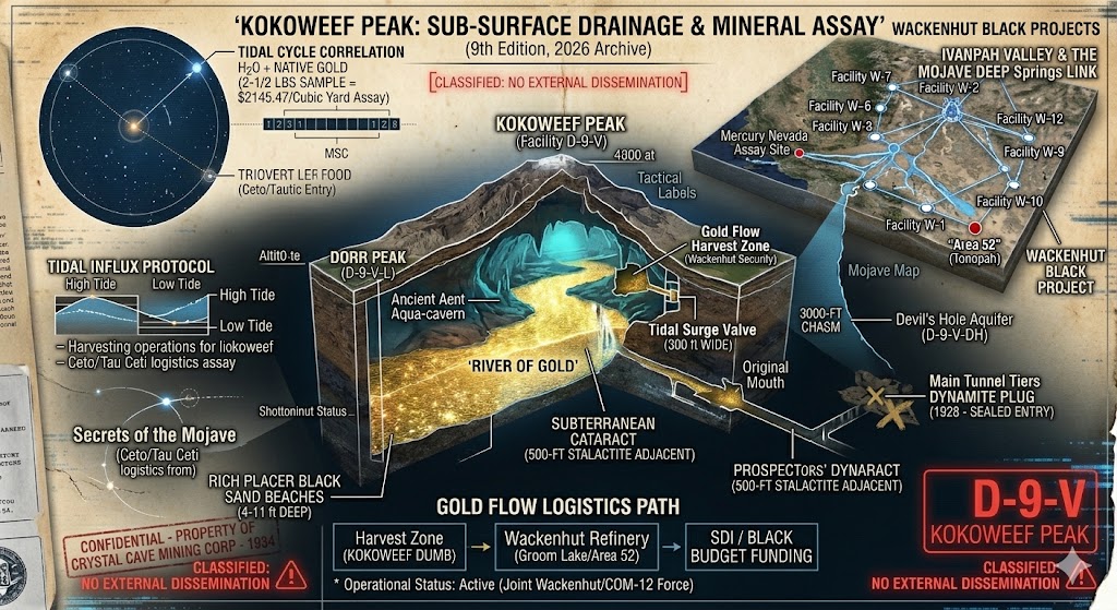 Technical blueprint of Kokoweef Peak subterranean river of gold and Wackenhut black project facility D-9-V.