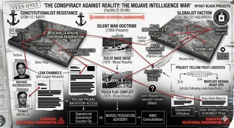 Technical evidence board illustrating the internal intelligence war between COM-12 Naval resistance and MJ-12/Aquarius globalist factions.