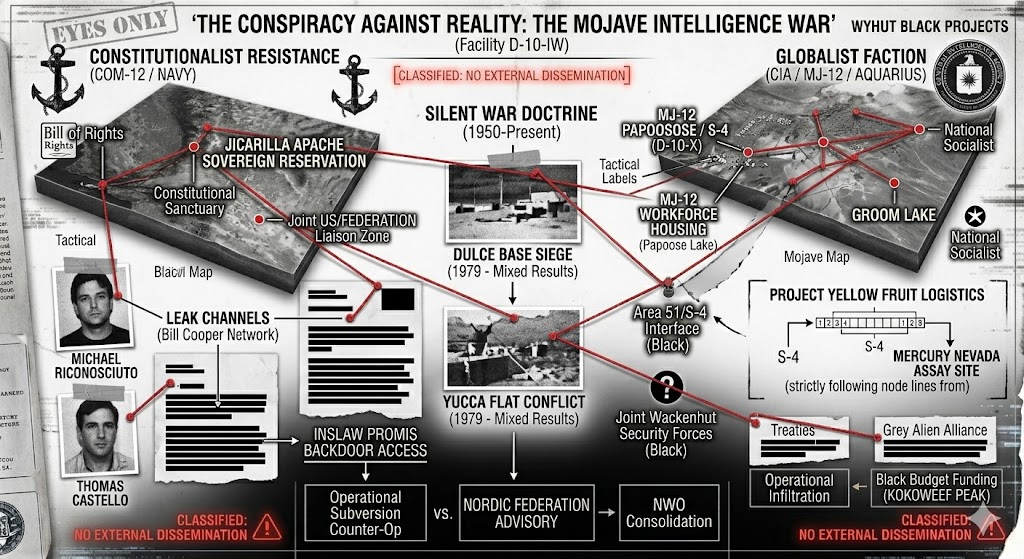 Technical evidence board illustrating the internal intelligence war between COM-12 Naval resistance and MJ-12/Aquarius globalist factions.