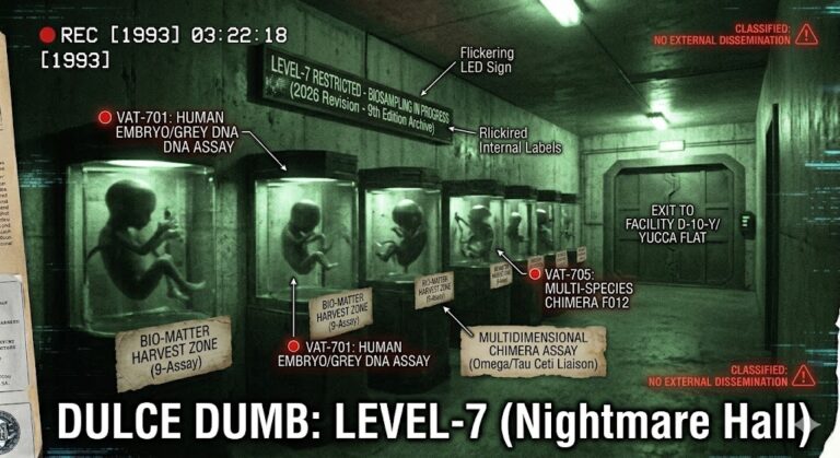 Grainy green night-vision VHS still showing genetic vats lined up in the Dulce Base Level 7 "Nightmare Hall".