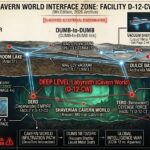 Technical cross-section blueprint of Earth's crust showing DUMB mag-lev tunnels and the deeper Shaverian Cavern World.