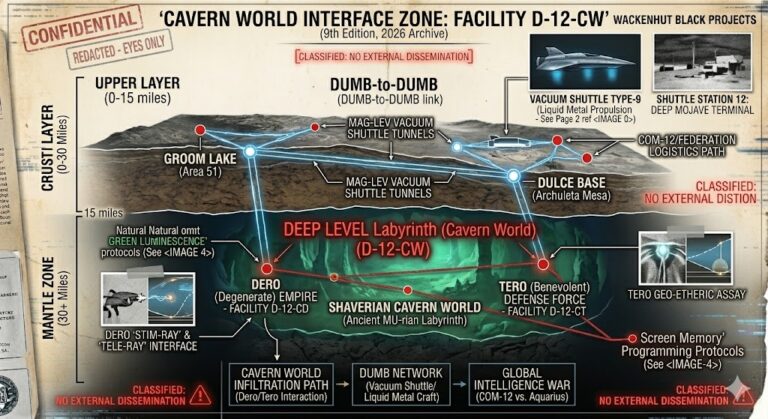 Technical cross-section blueprint of Earth's crust showing DUMB mag-lev tunnels and the deeper Shaverian Cavern World.