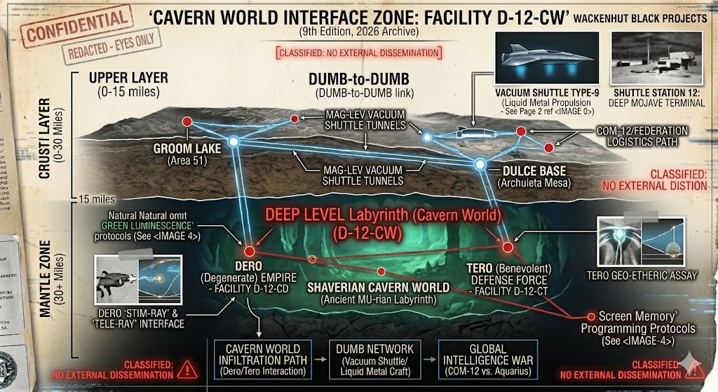 Technical cross-section blueprint of Earth's crust showing DUMB mag-lev tunnels and the deeper Shaverian Cavern World.