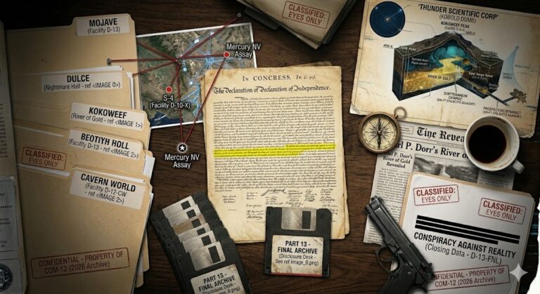 Moody, noir-style top-down photo of a messy researcher's desk cluttered with manila folders, 3.5-inch floppy disks, and an aged magnetic compass. A worn copy of the Declaration of Independence is in the center.