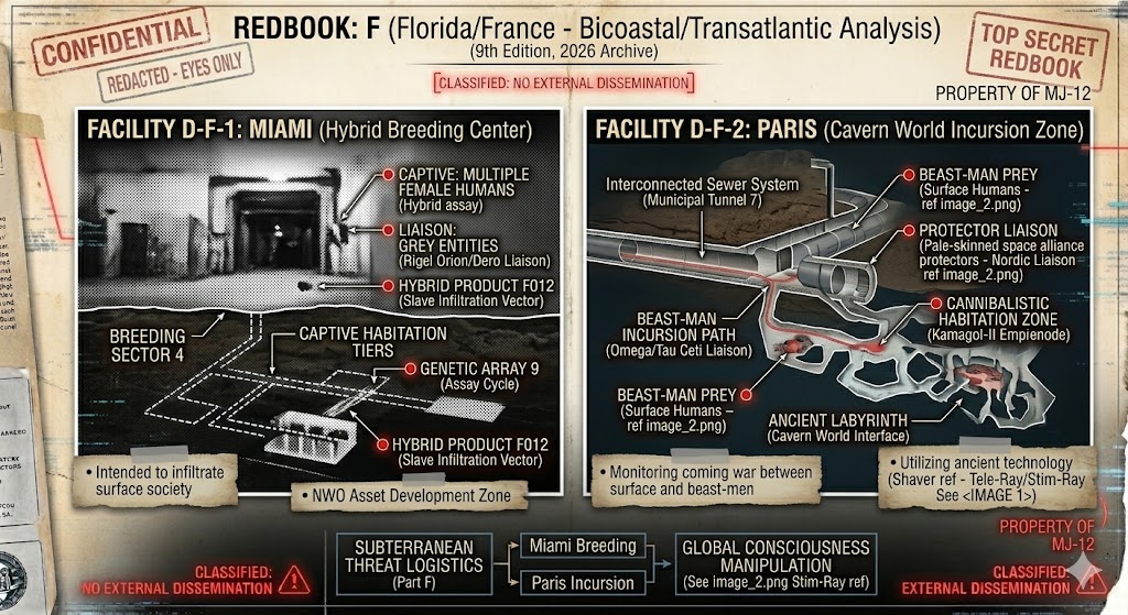 Project Redbook dossier illustrating the Miami hybrid genetics facility and the subterranean beast-men of Paris.