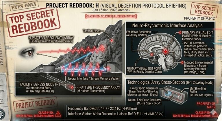 Project Redbook dossier detailing holographic cloaking and neural masking technology for secret bases.