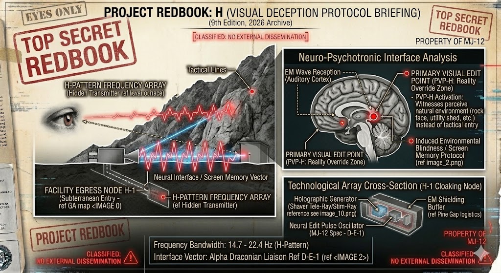 Project Redbook dossier detailing holographic cloaking and neural masking technology for secret bases.